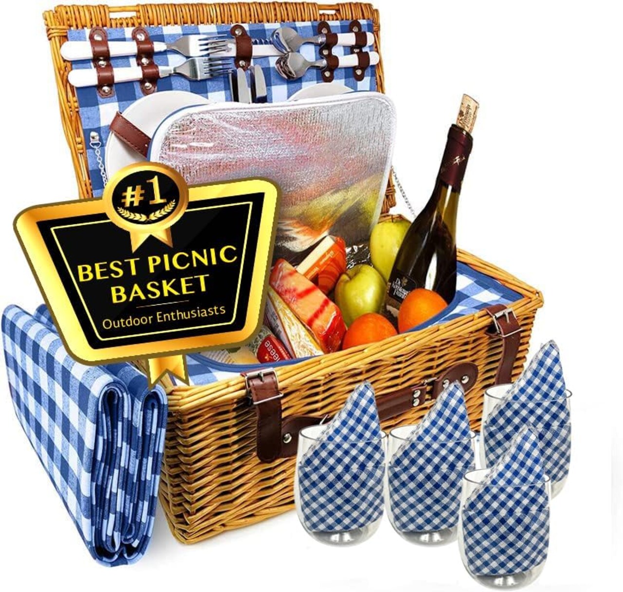 Picnic Basket Set, Wicker Basket with Handle for Outdoors, Insulated Woven Basket, Includes a Service Kit of Dinnerware & Wine Glasses, Picnic Basket Set for 4 with Blanket, Blue & White